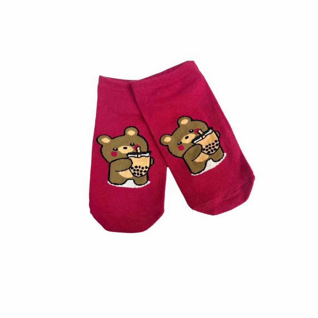 Fuchsia Pink Stylish Socks Teddy Bear Sneaker Socks (Pack Of 1) 2N