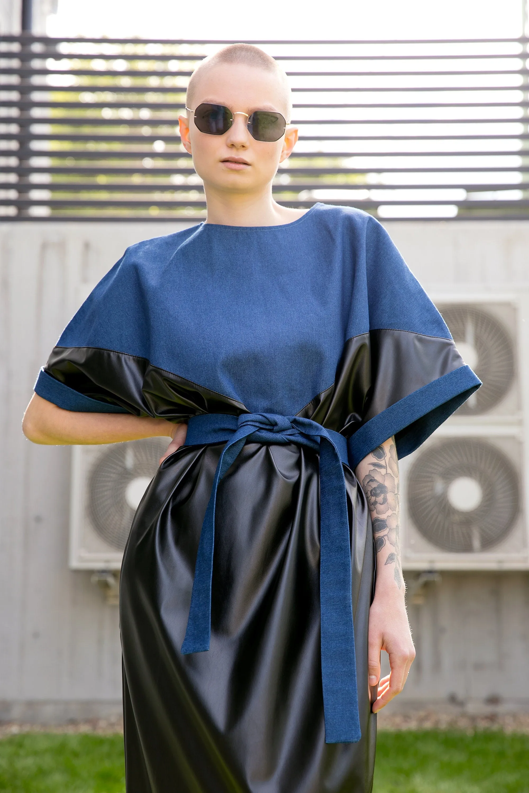 Futuristic Leather and Denim Dress, Elegant Dress, Plus Size Clothing, Black Leather Dress, Avant Garde Clothing, Cocktail Dress, New Year