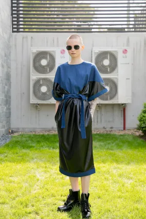 Futuristic Leather and Denim Dress, Elegant Dress, Plus Size Clothing, Black Leather Dress, Avant Garde Clothing, Cocktail Dress, New Year