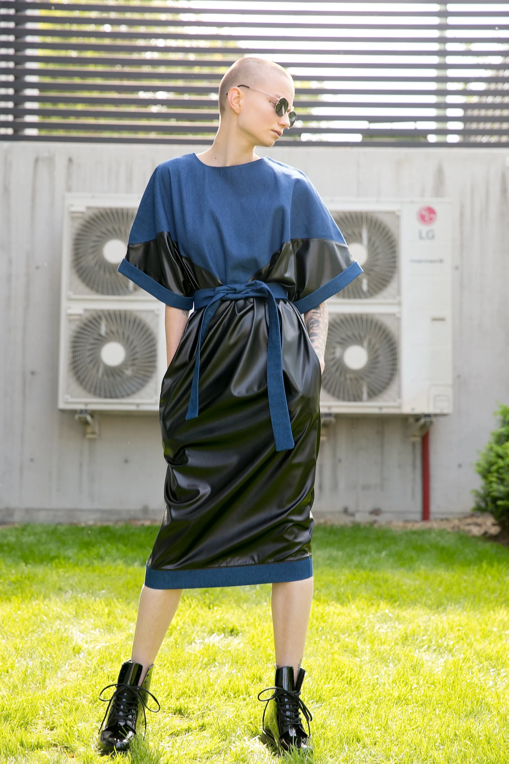Futuristic Leather and Denim Dress, Elegant Dress, Plus Size Clothing, Black Leather Dress, Avant Garde Clothing, Cocktail Dress, New Year
