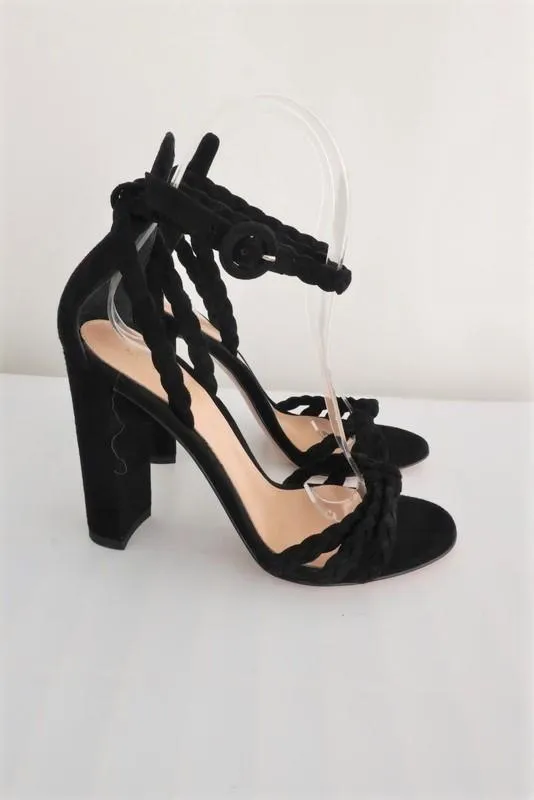Gianvito Rossi Sandals Liya Black Braided Suede Size 36 Ankle Strap Heel NEW