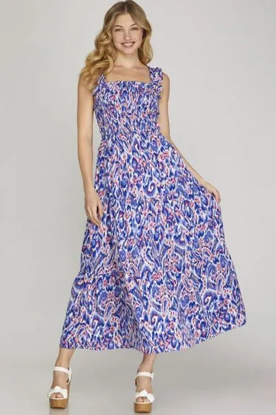 Hazel Blues® | She   Sky Smocked Printed Wide Strap Tiered Dress