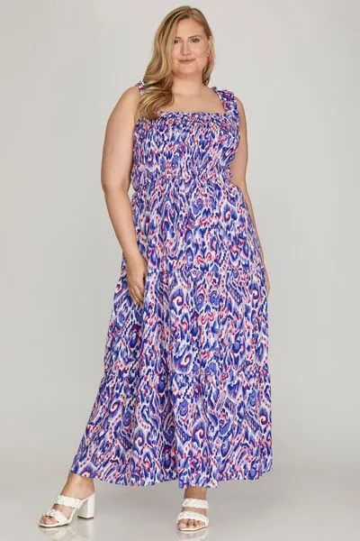 Hazel Blues® | She   Sky Smocked Printed Wide Strap Tiered Dress