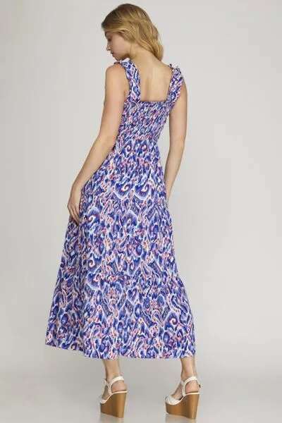 Hazel Blues® | She   Sky Smocked Printed Wide Strap Tiered Dress