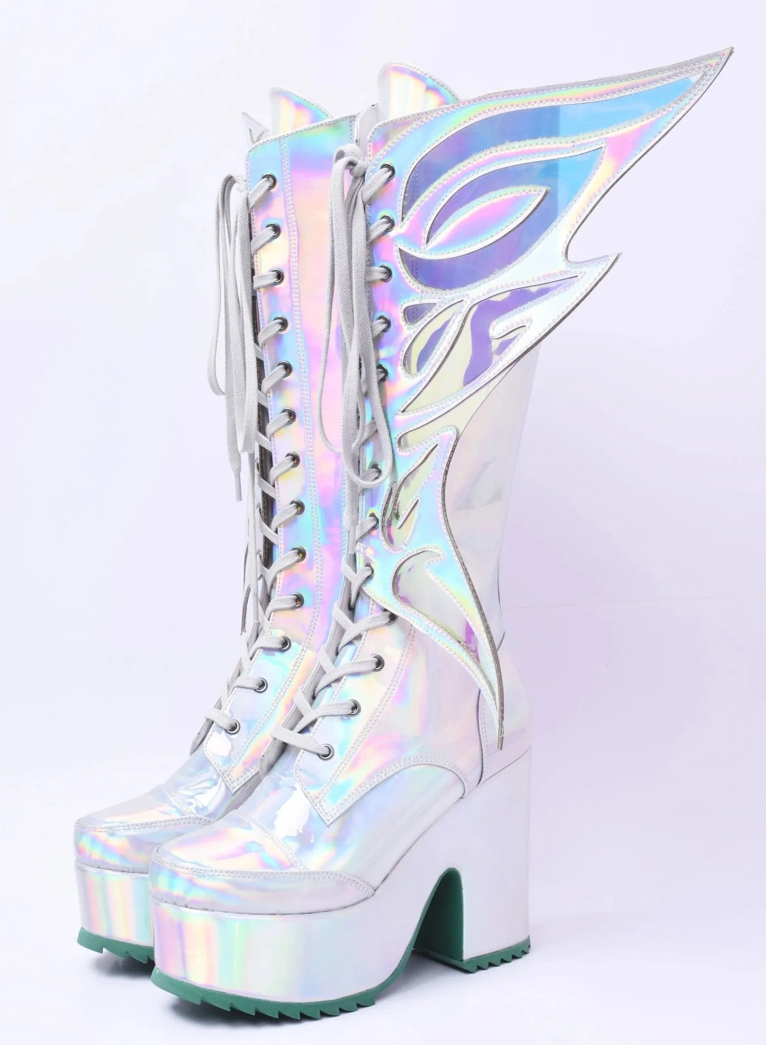 Holographic Winged Platform Boots – Futuristic Statement