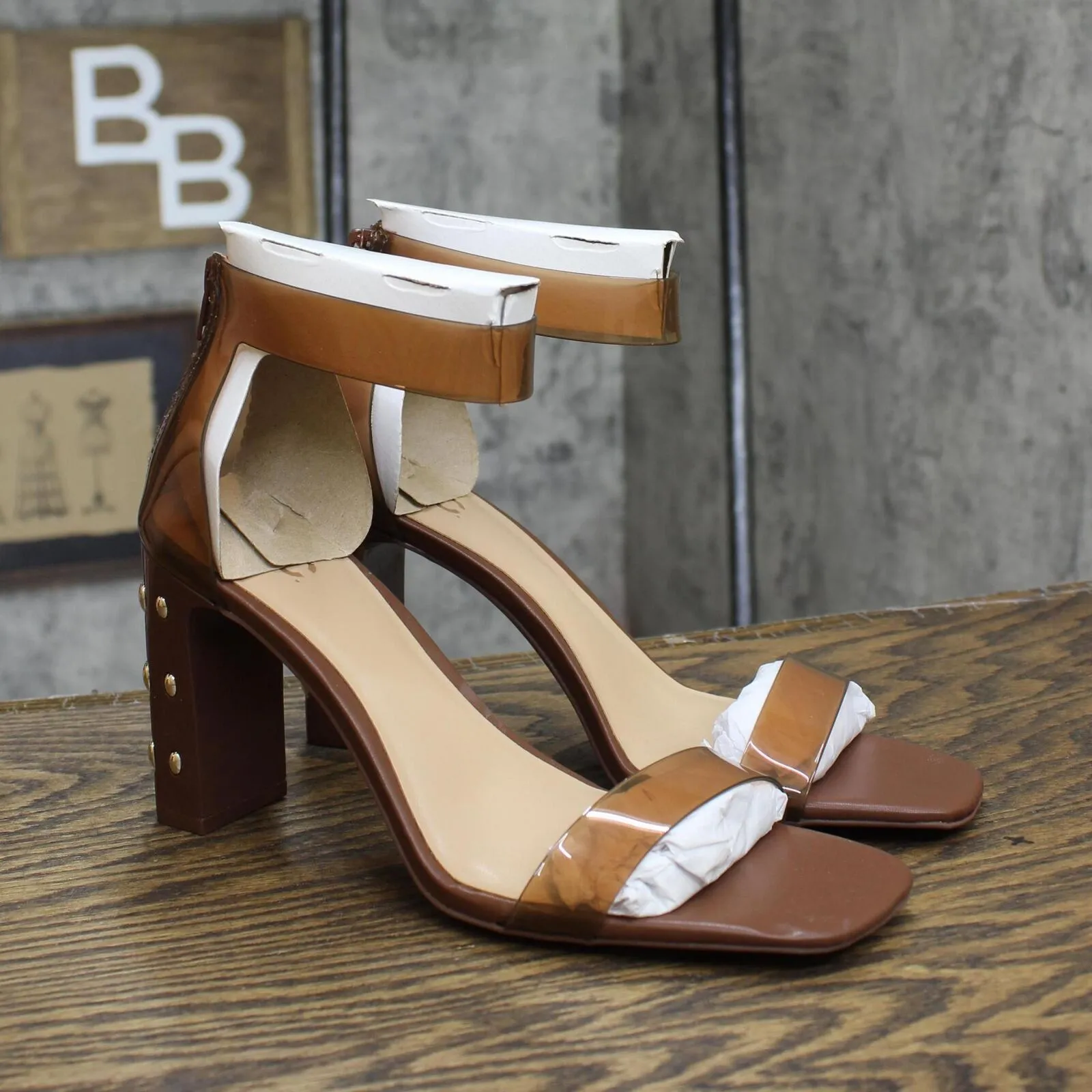 I.N.C. International Concepts Faux Leather Studded Ankle Strap Heels Brown 9.5M