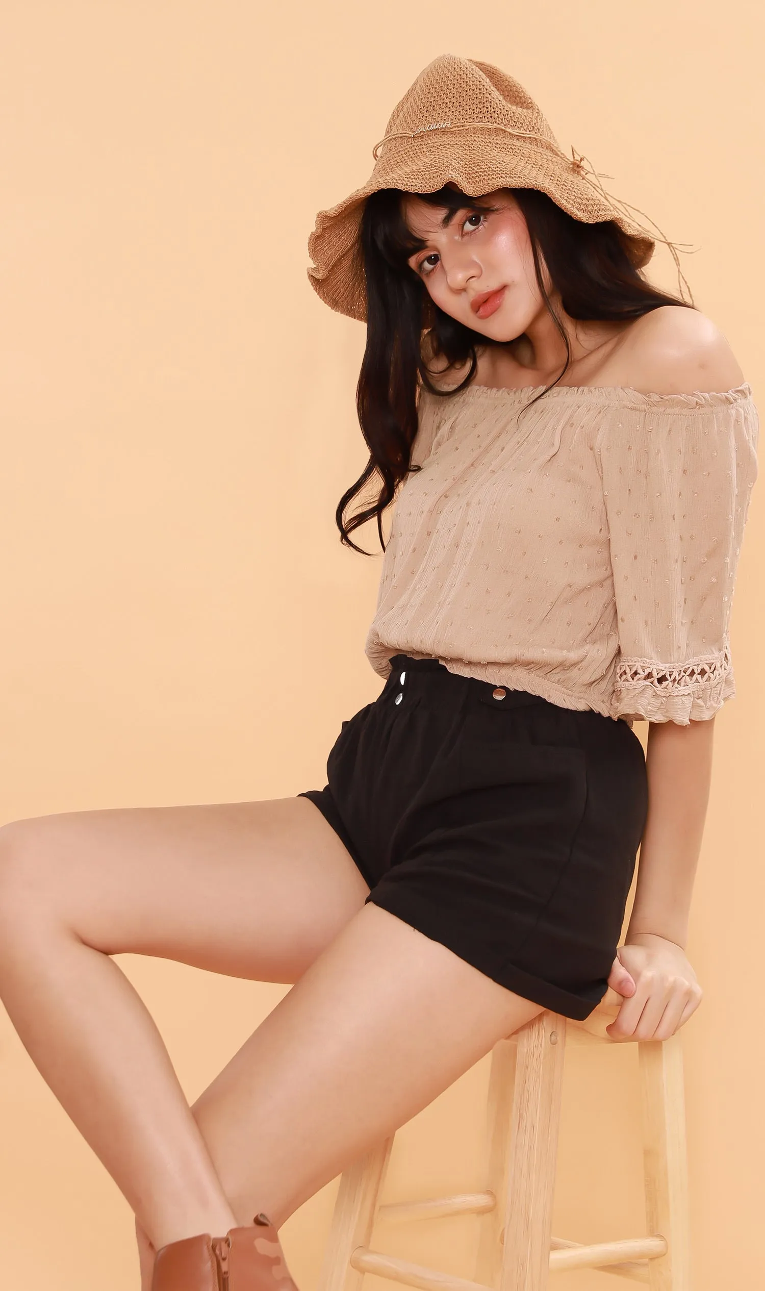 JULIEN Flared-Sleeve Off-Shoulder Top (Nude)