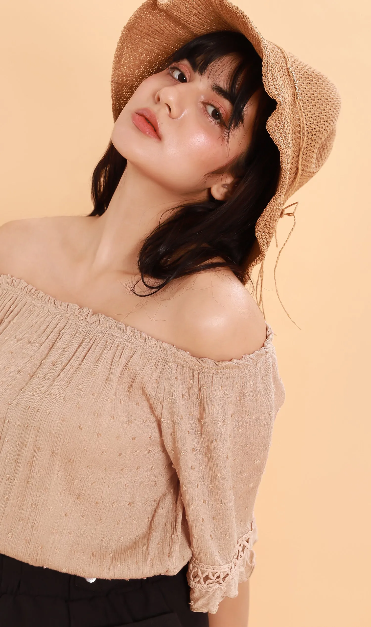 JULIEN Flared-Sleeve Off-Shoulder Top (Nude)
