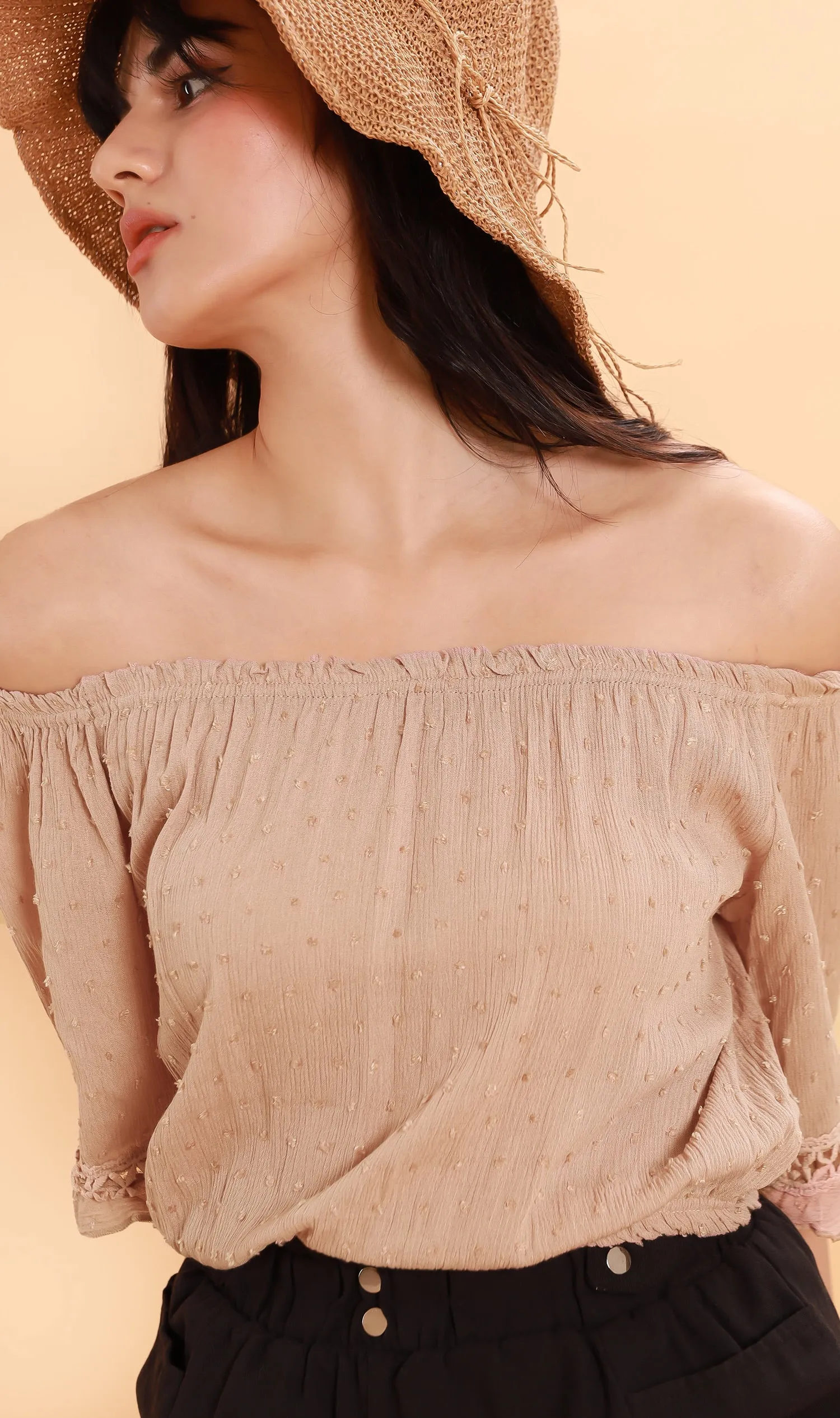 JULIEN Flared-Sleeve Off-Shoulder Top (Nude)