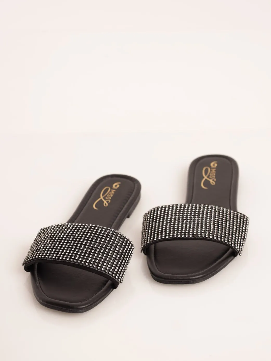 Ladies Wide Diamnte Strap Mule Sandal - Black
