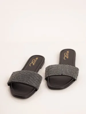 Ladies Wide Diamnte Strap Mule Sandal - Black