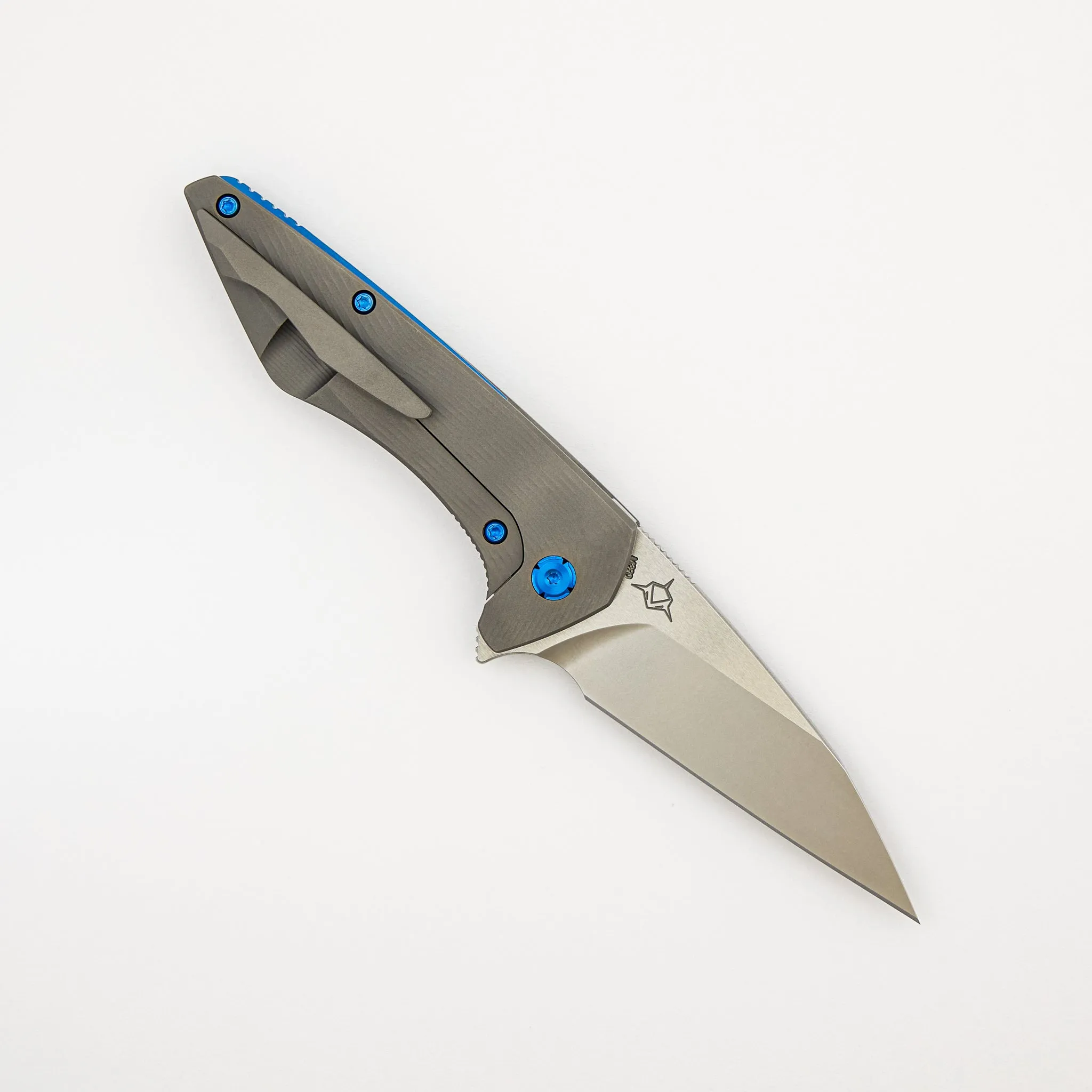 Mini Goblin - Sea Pattern Titanium Handle - Brightwashed W/ Polished Flats M390 Blade - Blue Hardware