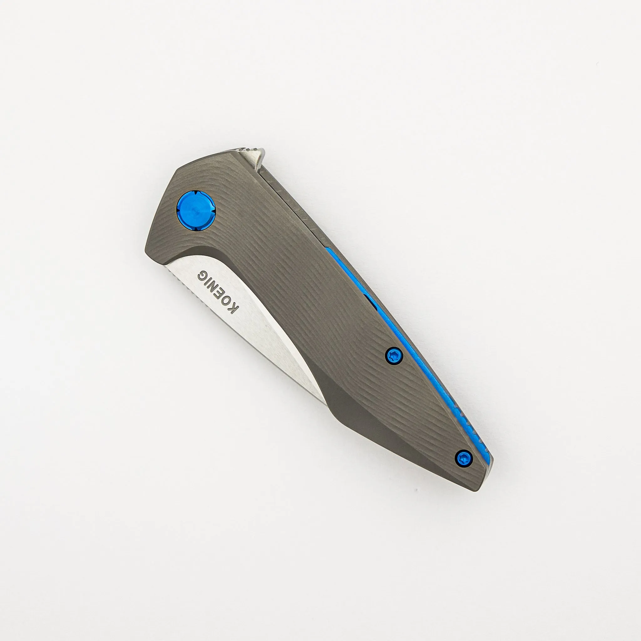 Mini Goblin - Sea Pattern Titanium Handle - Brightwashed W/ Polished Flats M390 Blade - Blue Hardware