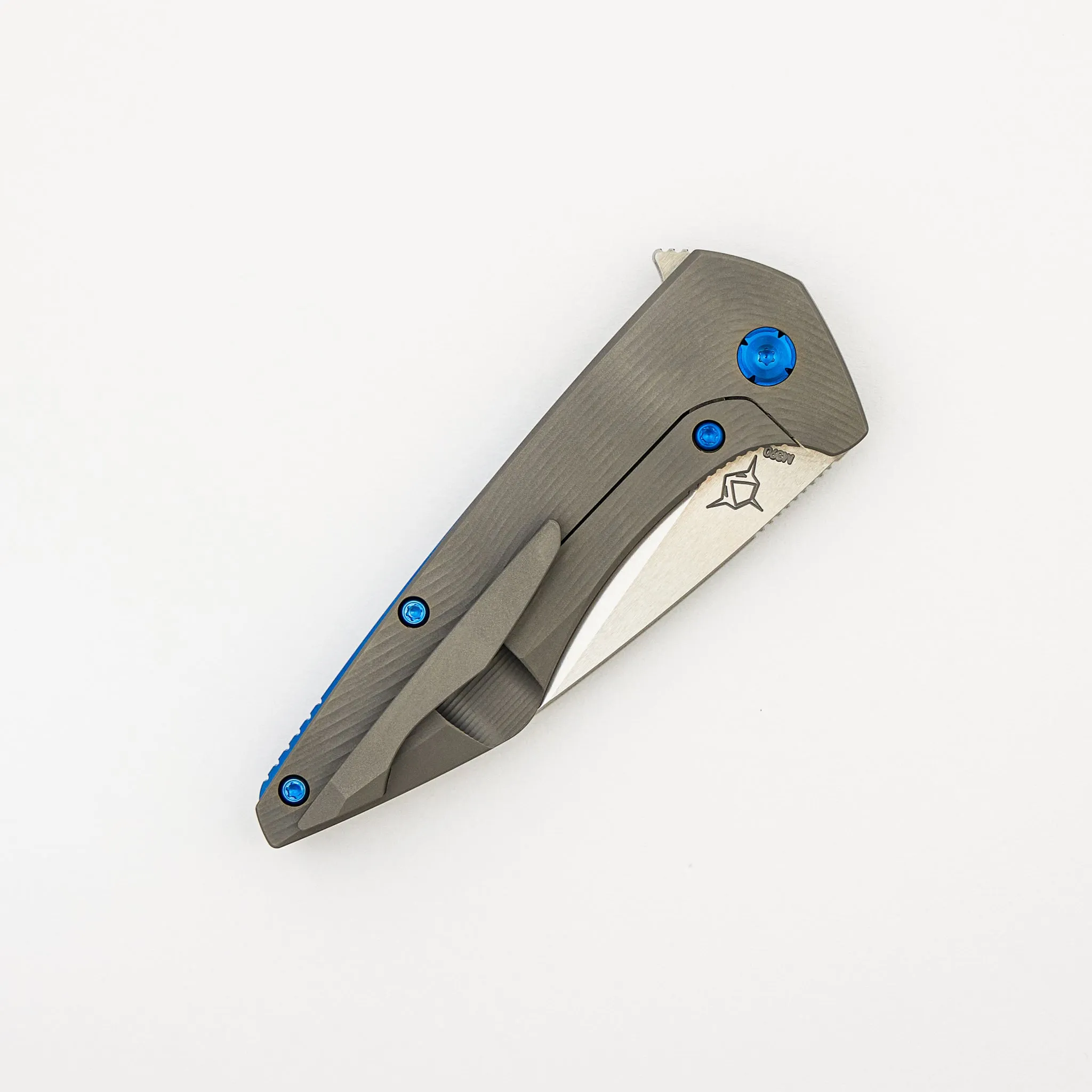Mini Goblin - Sea Pattern Titanium Handle - Brightwashed W/ Polished Flats M390 Blade - Blue Hardware