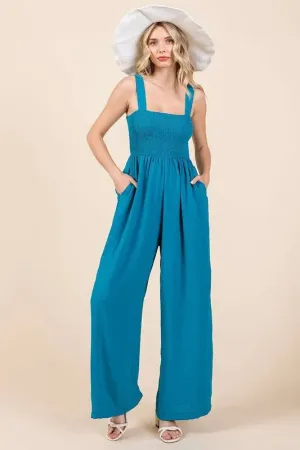 Mittoshop Smocked Wide Strap Wide Leg Overalls