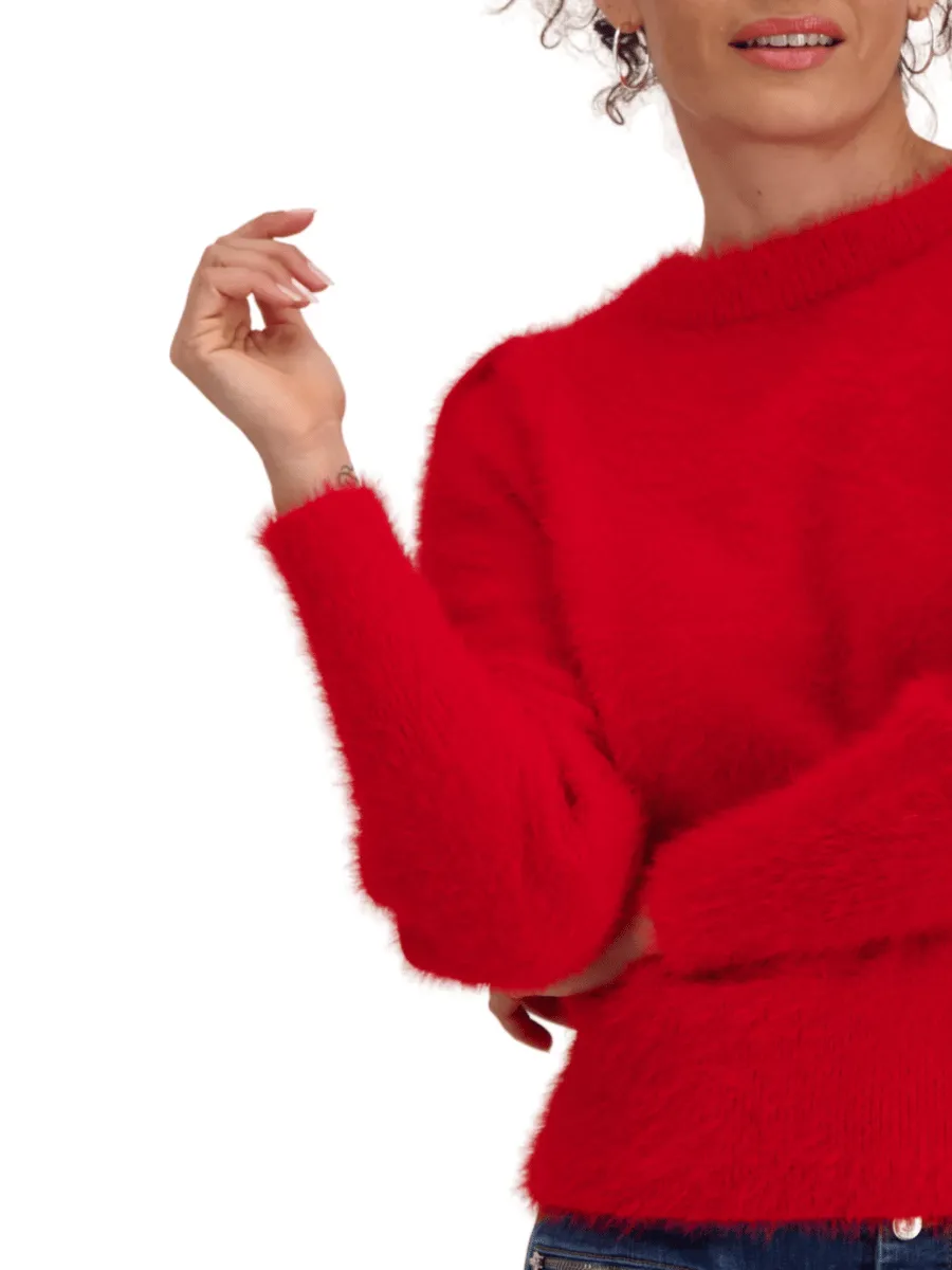 Monari Long Sleeve Eyelash Knit Sweater Deep Red 808348