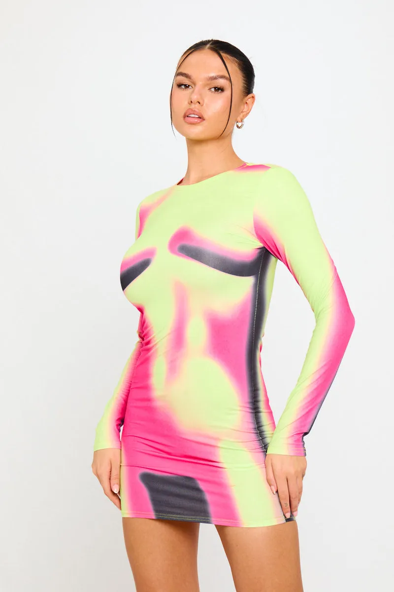 Neon Abstract Print Long-Sleeve Mini Dress | Bold & Futuristic | Statement Style