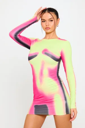 Neon Abstract Print Long-Sleeve Mini Dress | Bold & Futuristic | Statement Style