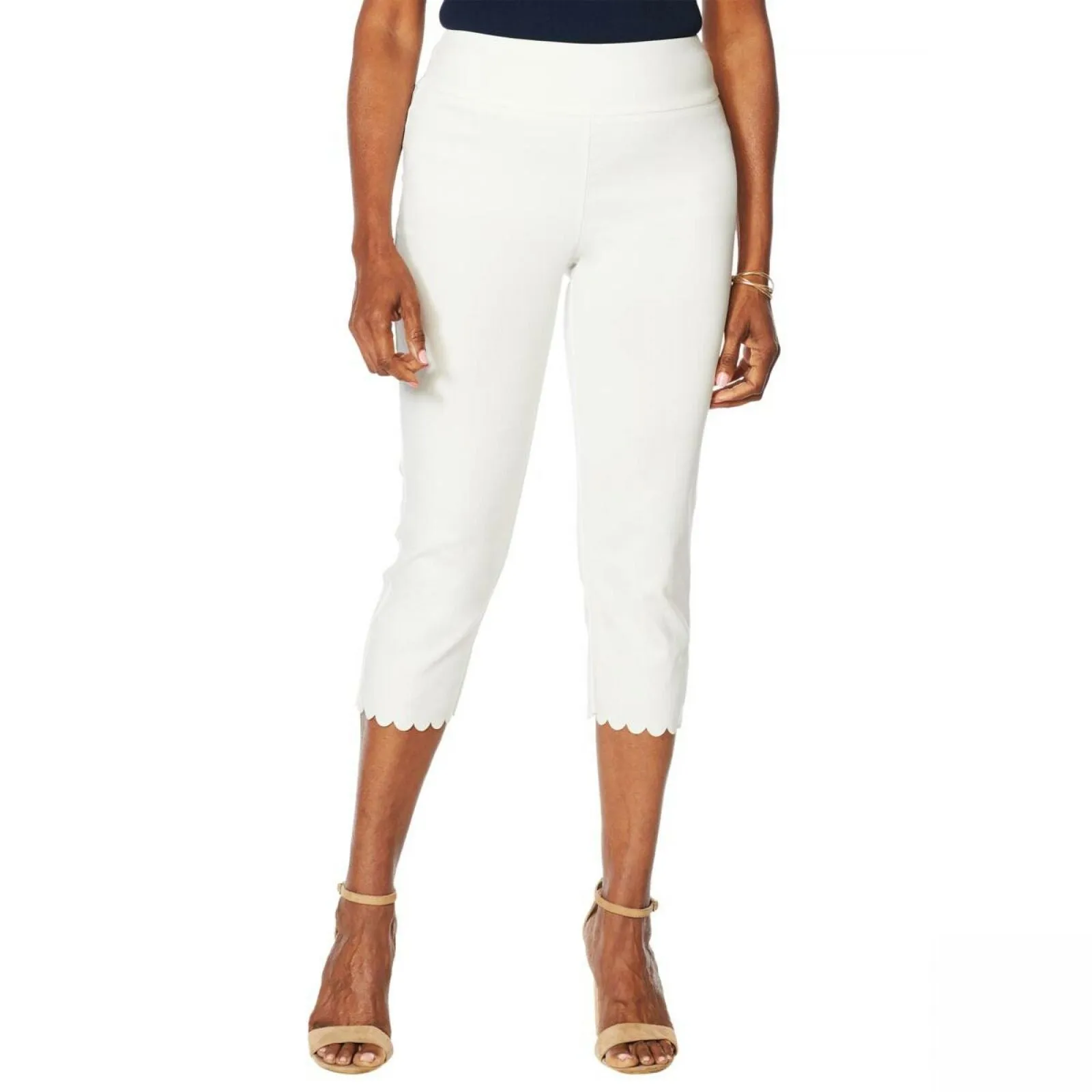 Nina Leonard Women's Plus Size Pull-On Scallop-Hem Cropped Pants Ivory 2X