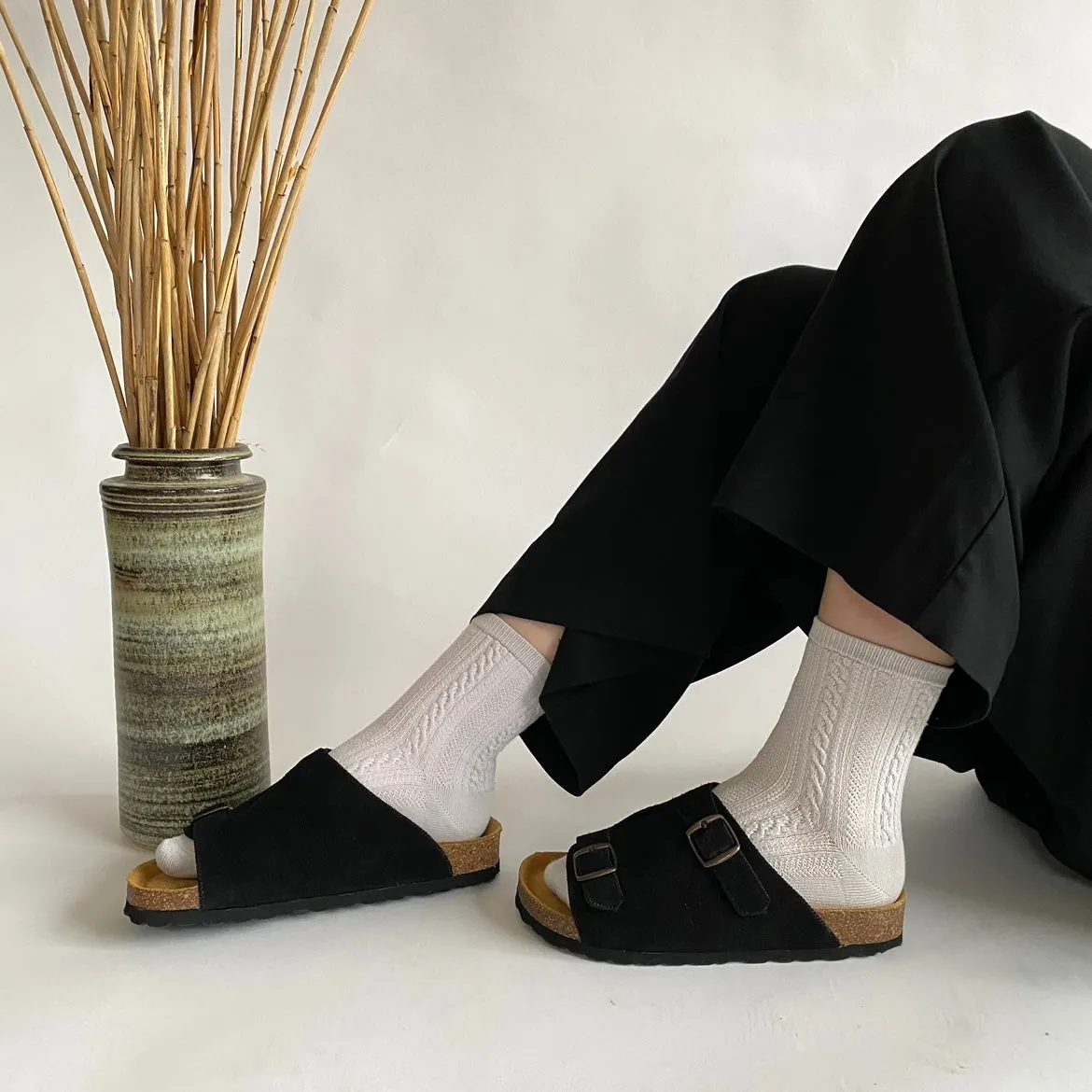 Oda Buckle Sandals | Black Suede
