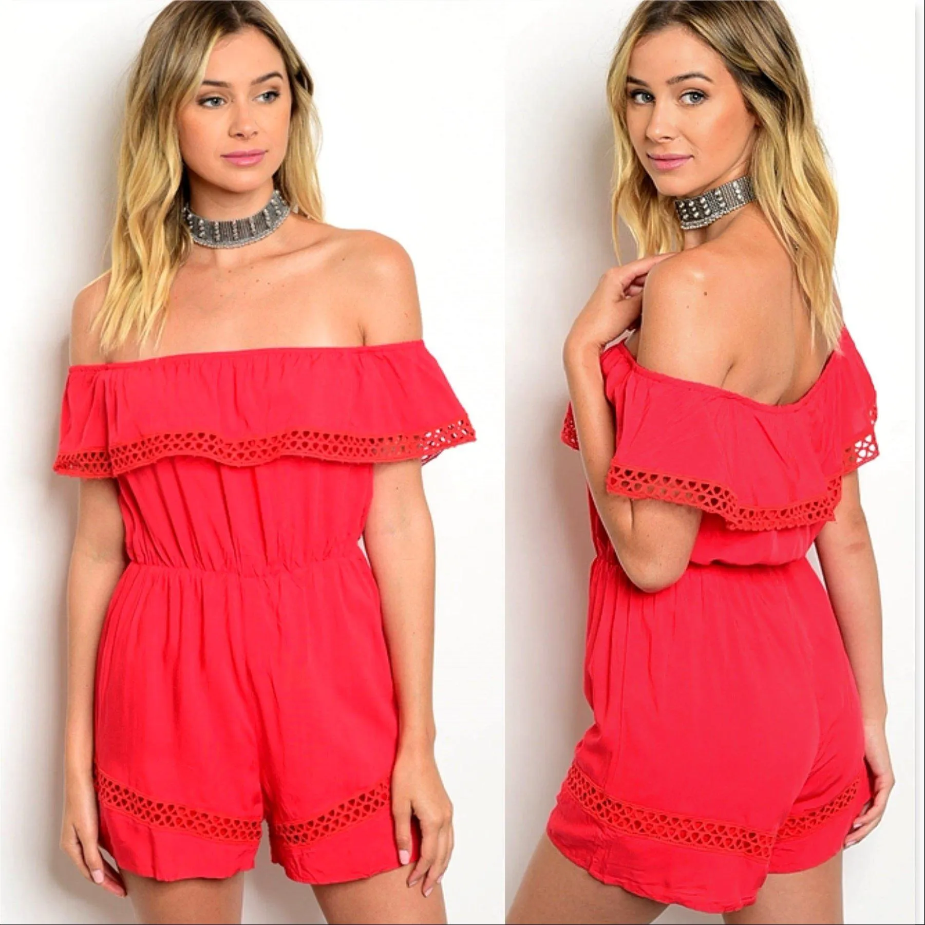 Off Shoulder Red Romper