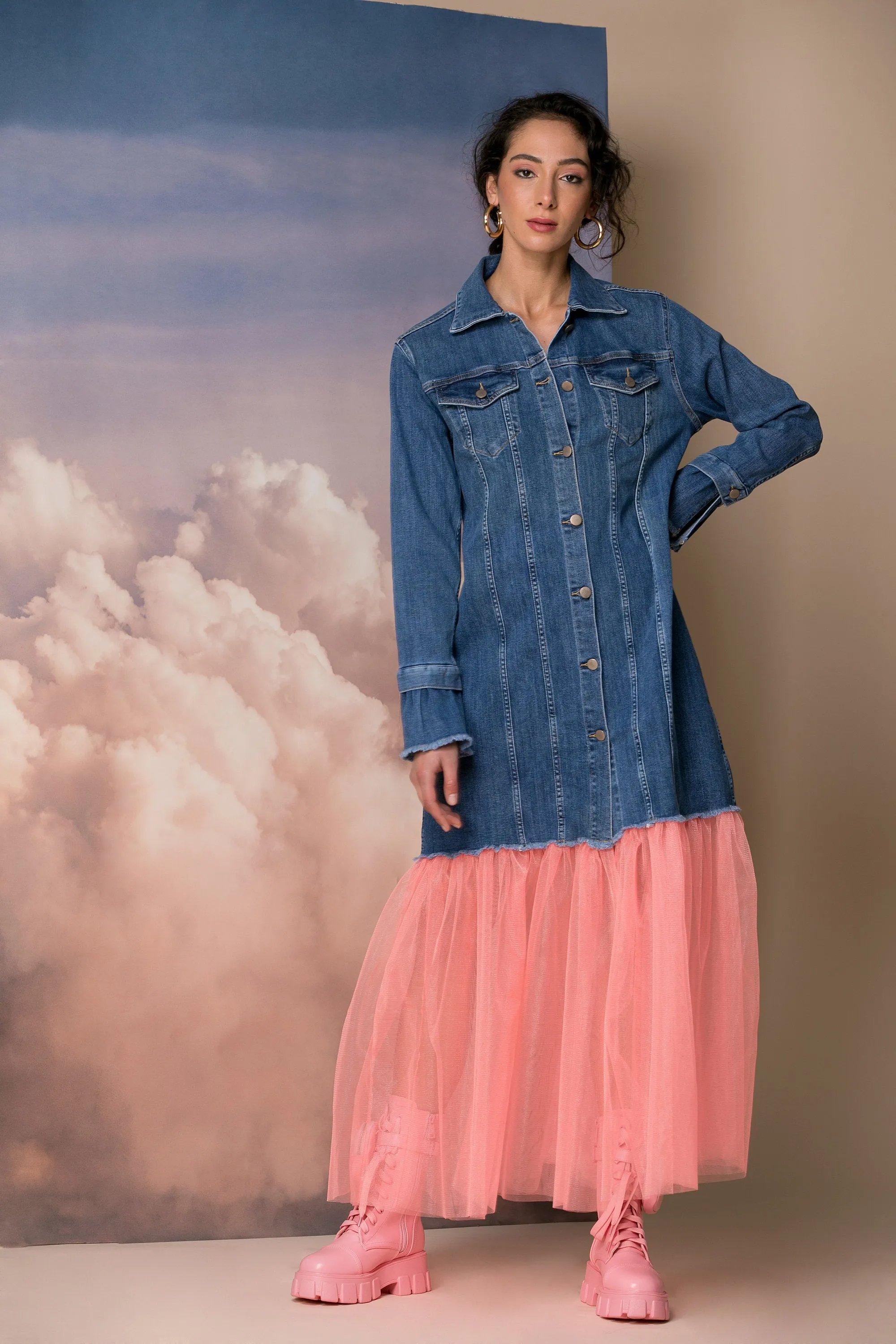 Oversized Denim Jacket with Tulle Tutu, Avant Garde Jacket, Futuristic Clothing, Plus Size Clothing, Extravagant Jacket, Futuristic Jacket