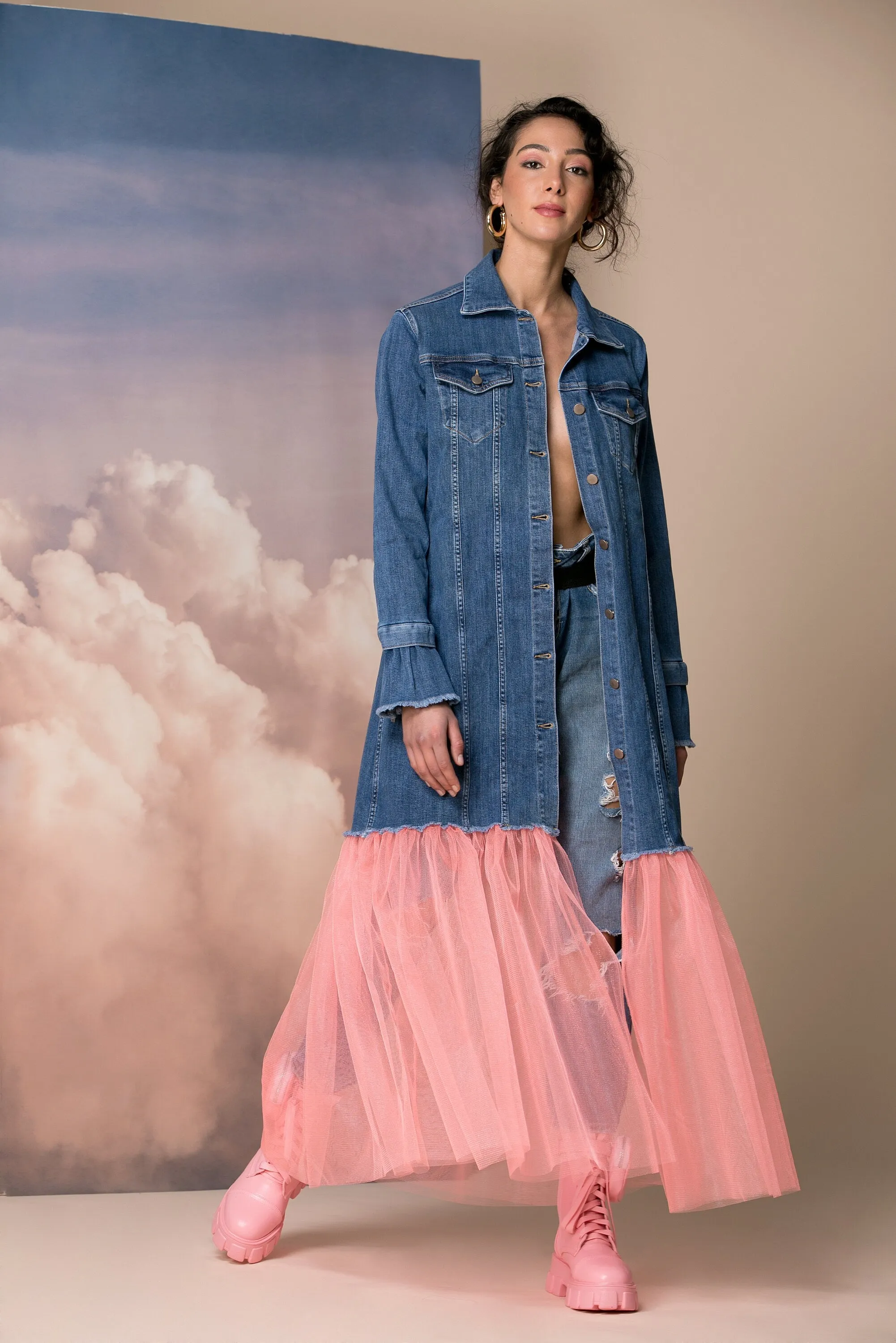 Oversized Denim Jacket with Tulle Tutu, Avant Garde Jacket, Futuristic Clothing, Plus Size Clothing, Extravagant Jacket, Futuristic Jacket