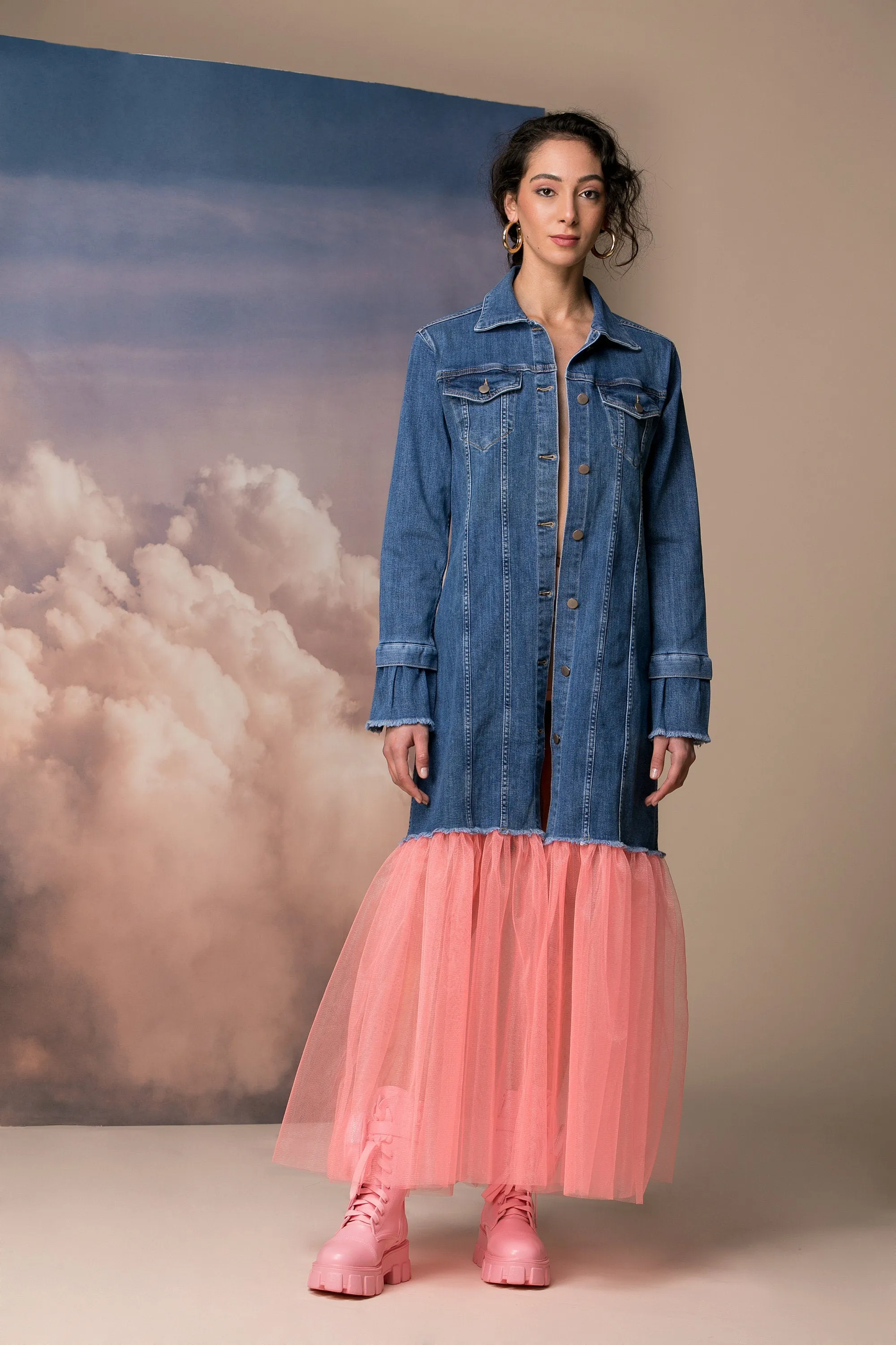 Oversized Denim Jacket with Tulle Tutu, Avant Garde Jacket, Futuristic Clothing, Plus Size Clothing, Extravagant Jacket, Futuristic Jacket