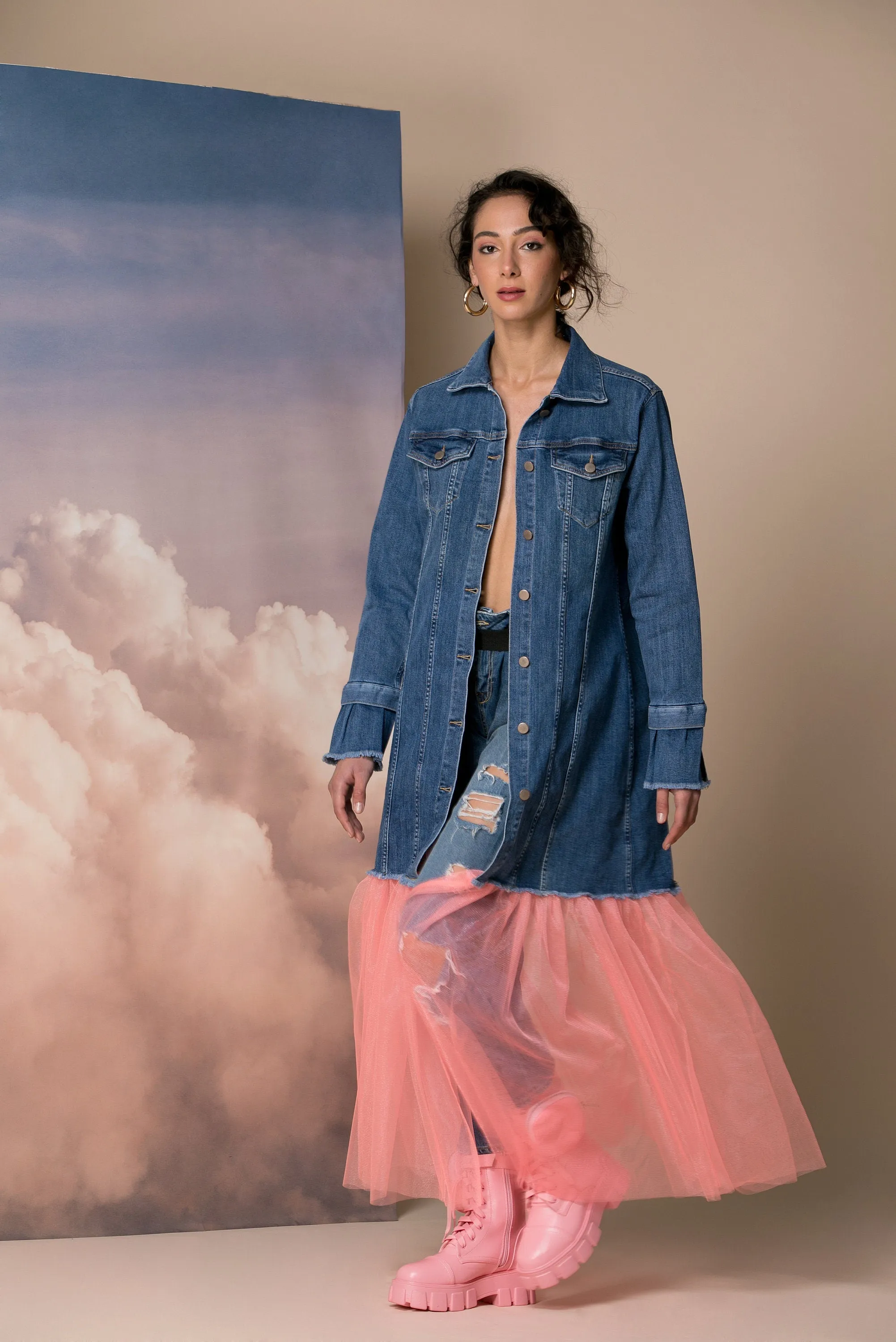Oversized Denim Jacket with Tulle Tutu, Avant Garde Jacket, Futuristic Clothing, Plus Size Clothing, Extravagant Jacket, Futuristic Jacket