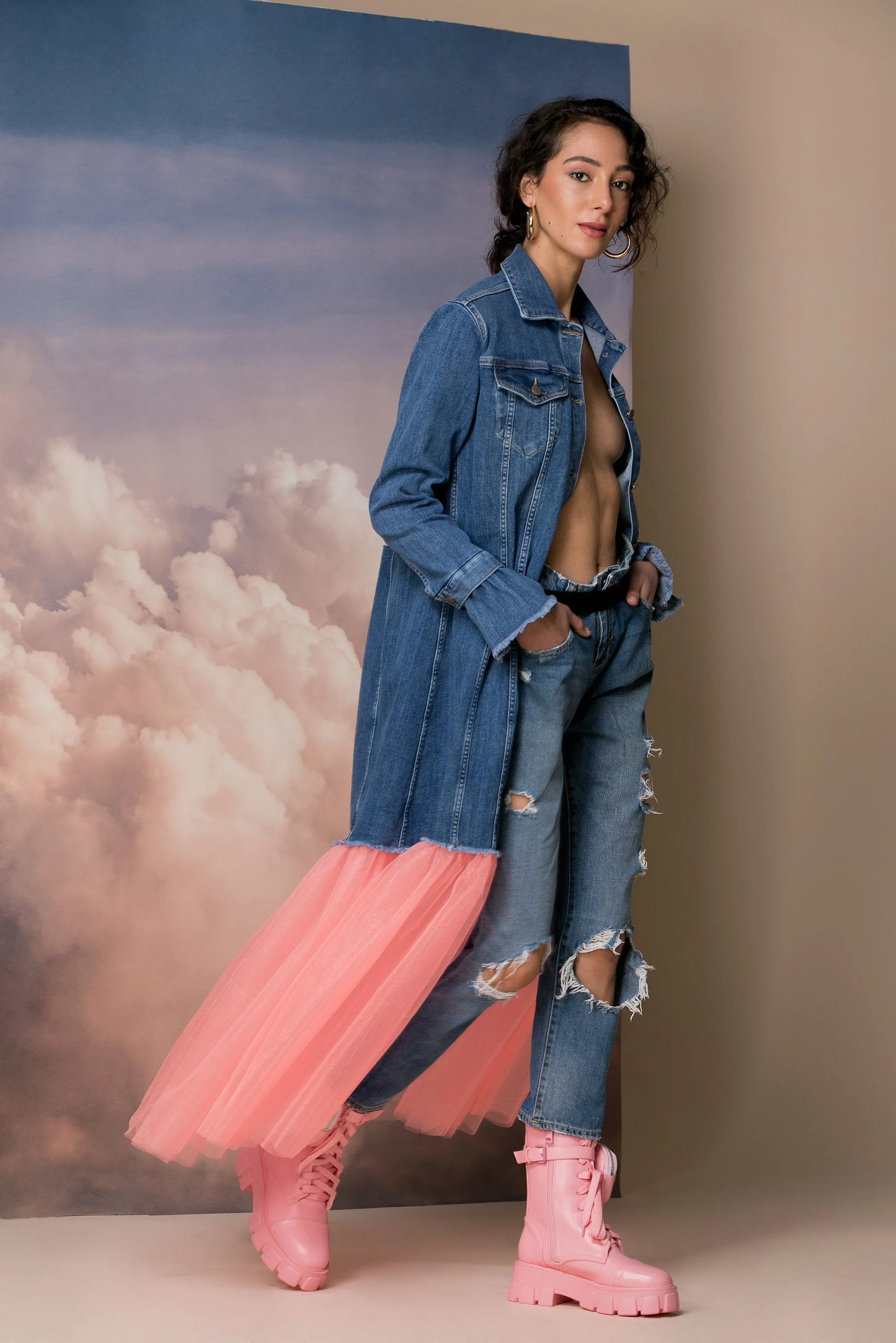 Oversized Denim Jacket with Tulle Tutu, Avant Garde Jacket, Futuristic Clothing, Plus Size Clothing, Extravagant Jacket, Futuristic Jacket