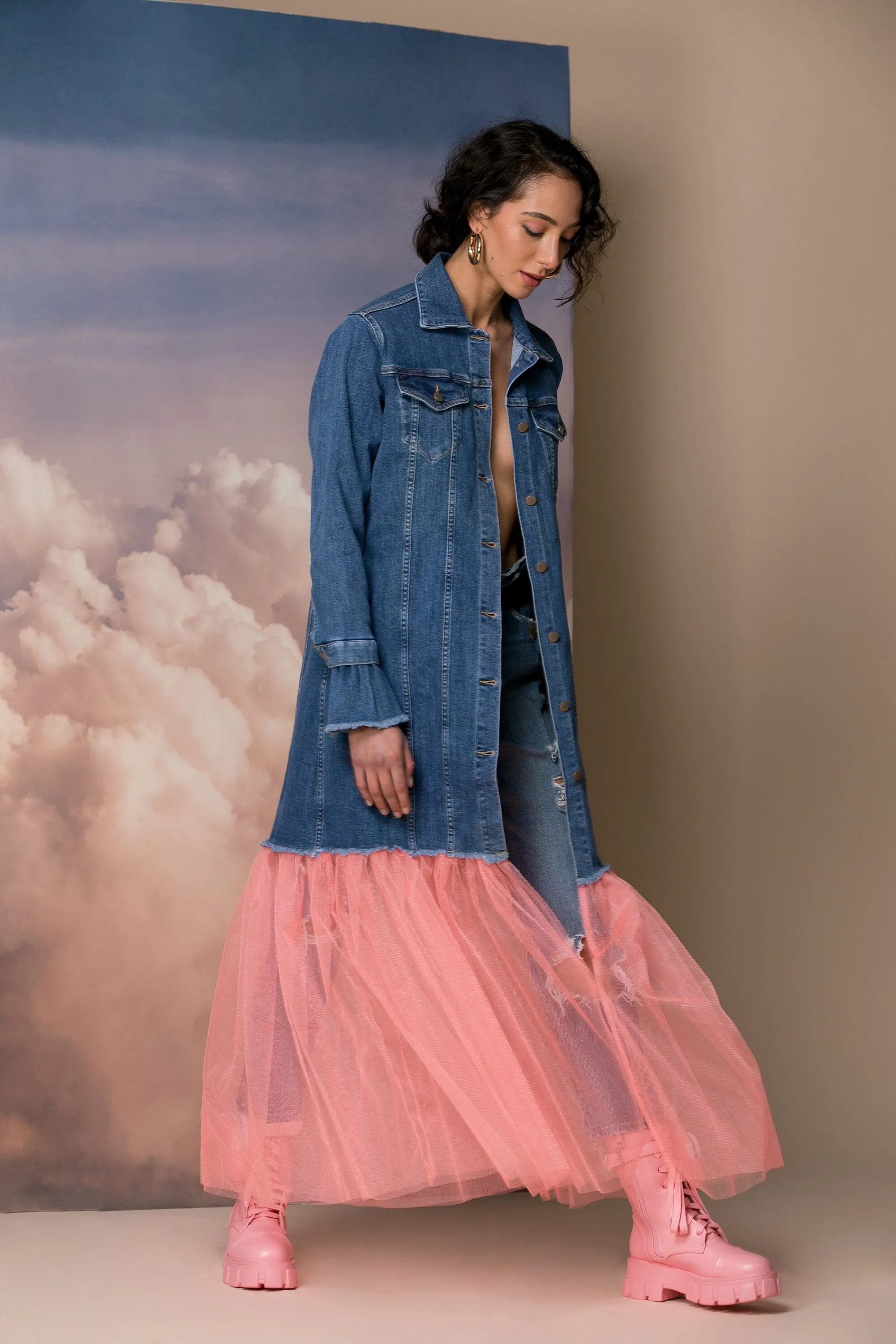 Oversized Denim Jacket with Tulle Tutu, Avant Garde Jacket, Futuristic Clothing, Plus Size Clothing, Extravagant Jacket, Futuristic Jacket