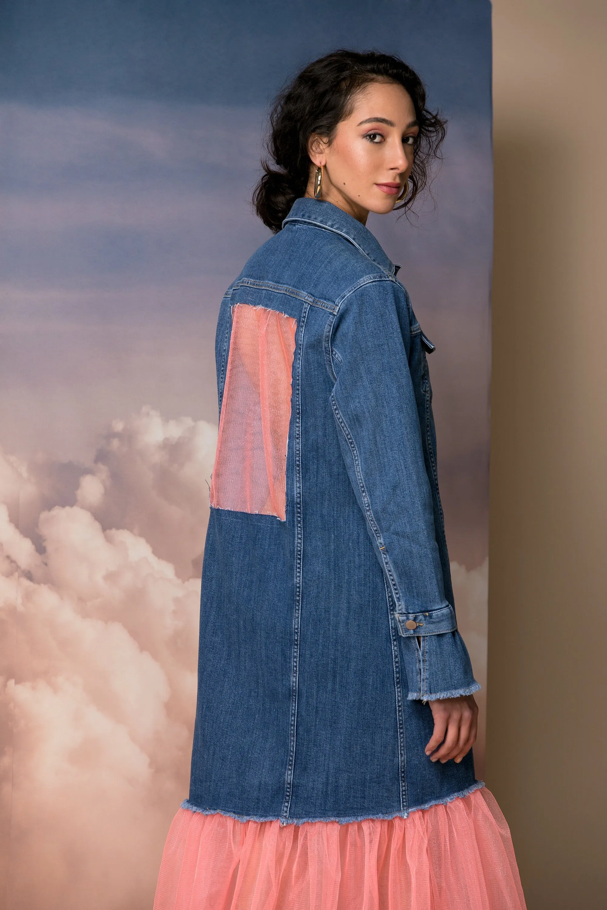 Oversized Denim Jacket with Tulle Tutu, Avant Garde Jacket, Futuristic Clothing, Plus Size Clothing, Extravagant Jacket, Futuristic Jacket