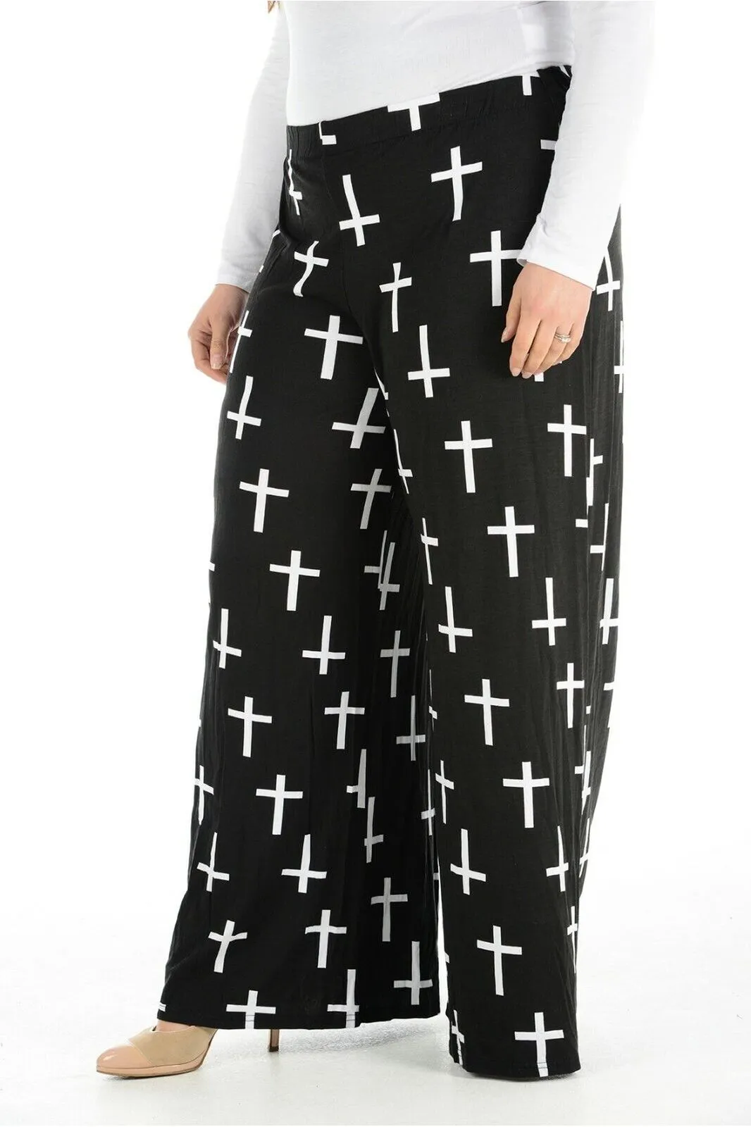 Plus Size Black Cross Print Palazzo Trouser