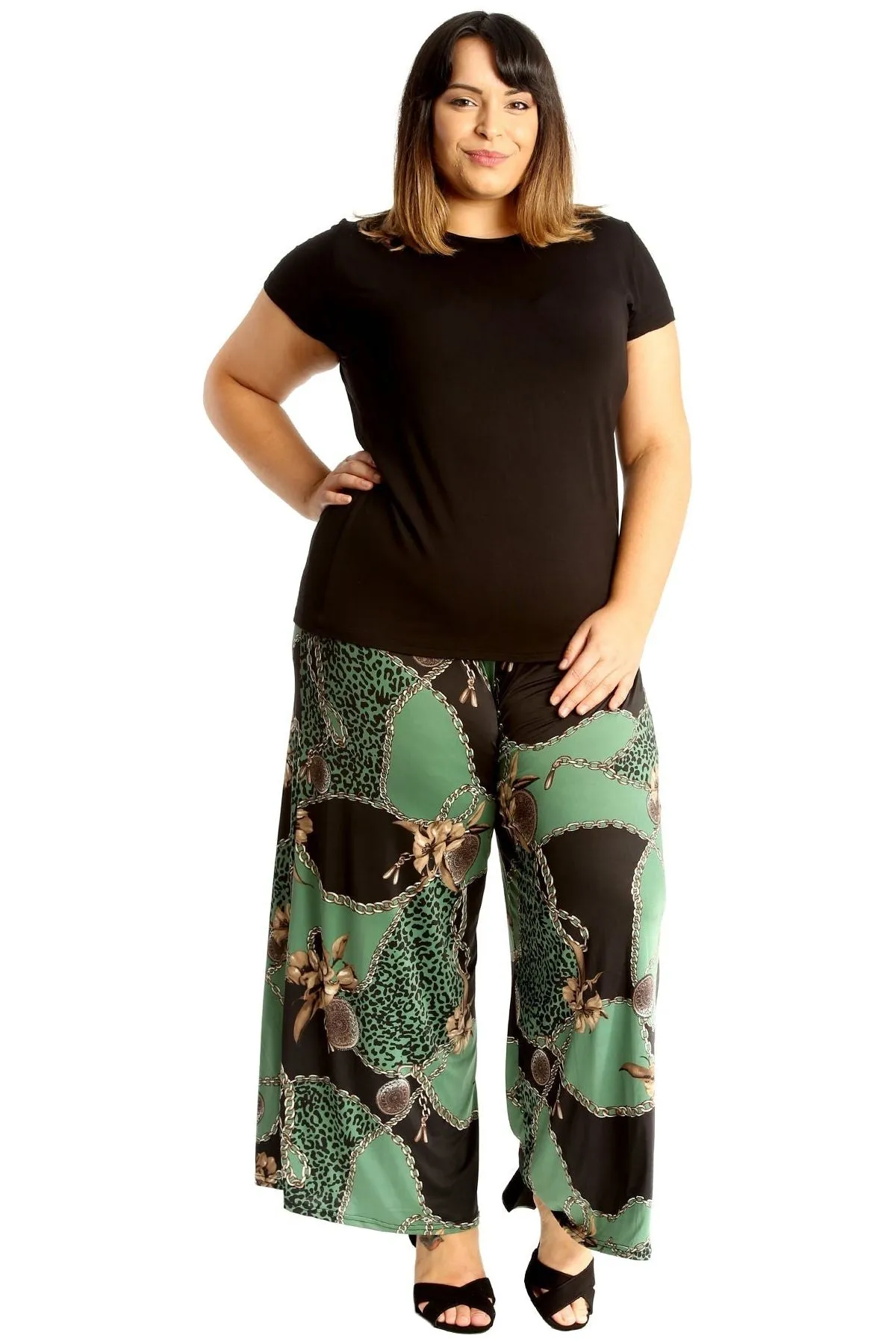 Plus Size Green Leopard Chain Print Palazzo Trouser