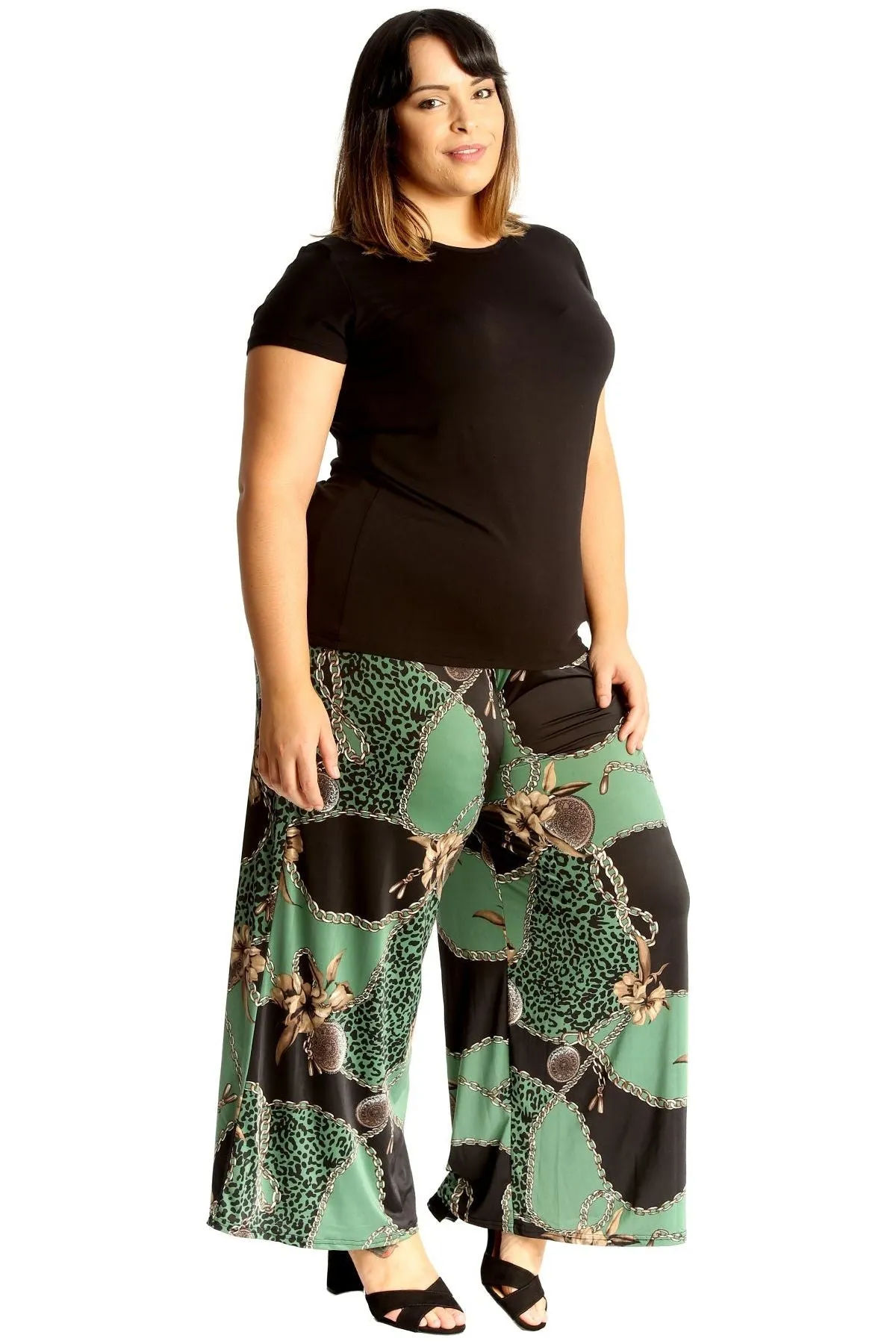 Plus Size Green Leopard Chain Print Palazzo Trouser