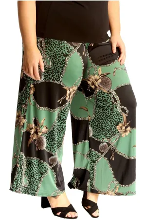 Plus Size Green Leopard Chain Print Palazzo Trouser