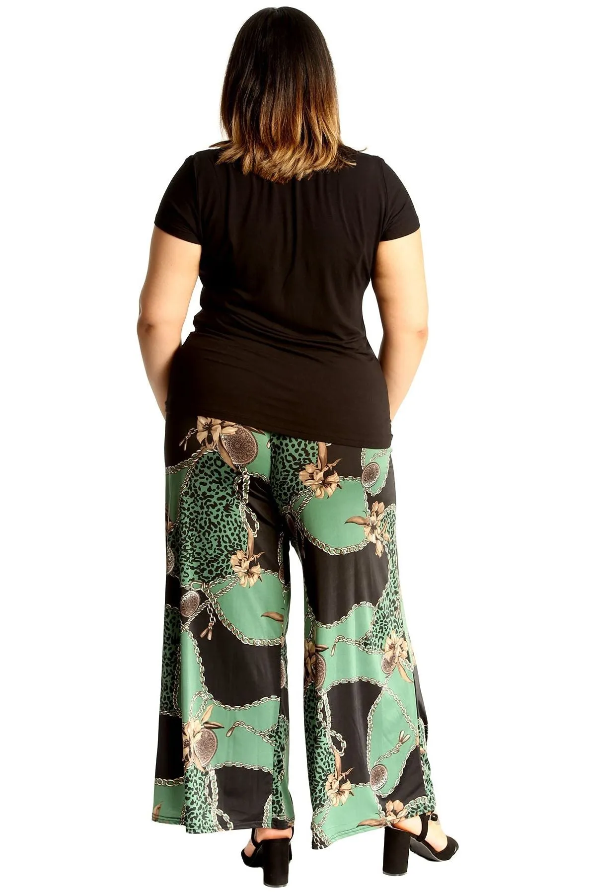 Plus Size Green Leopard Chain Print Palazzo Trouser