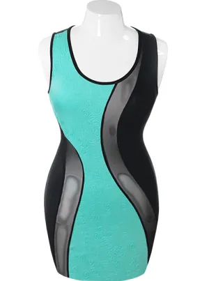 Plus Size See Through Swirl Bodycon Teal Dress