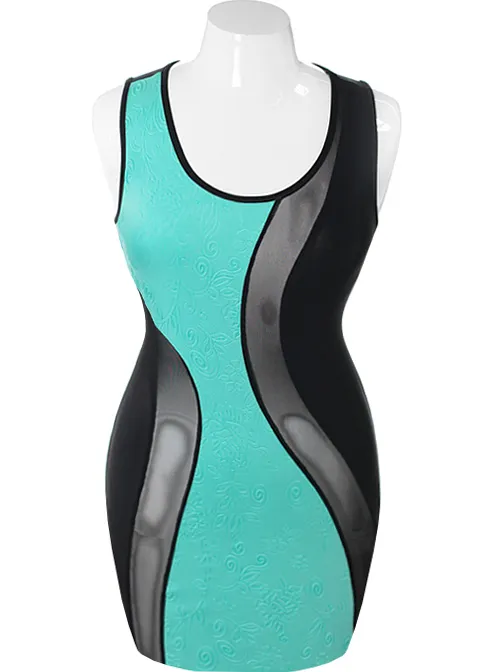 Plus Size See Through Swirl Bodycon Teal Dress