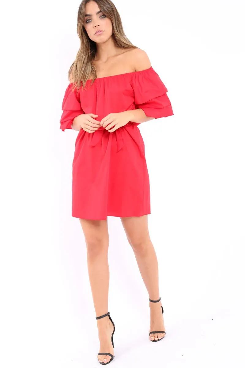 Red Bardot Dress with Ruffled Sleeves - Breena
