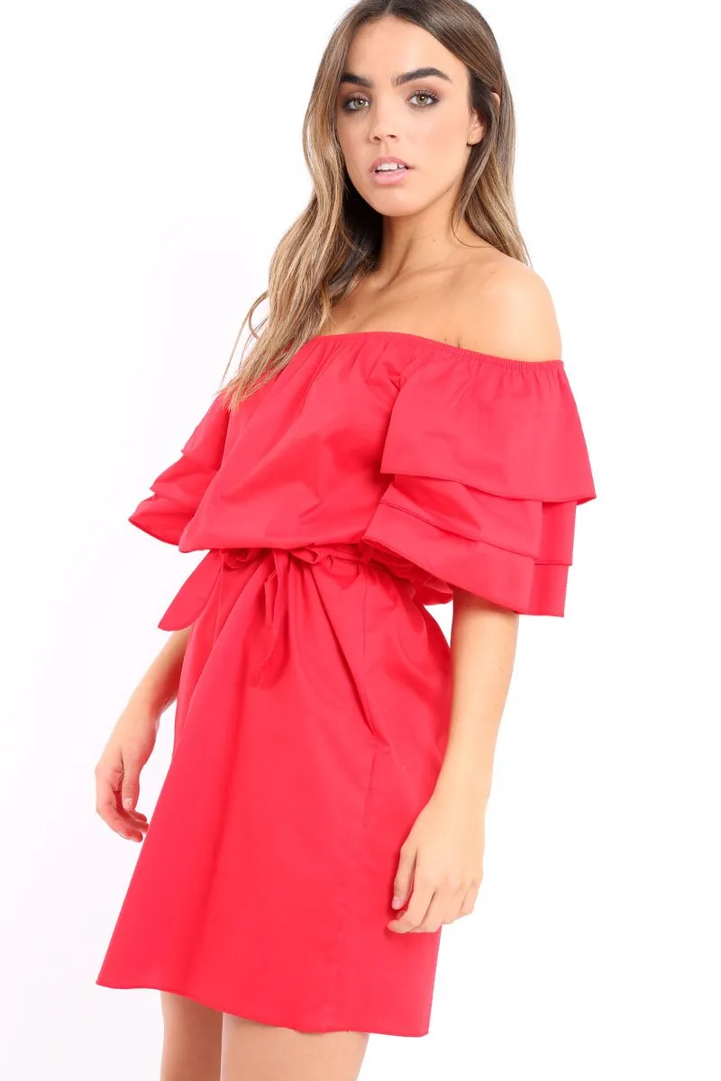 Red Bardot Dress with Ruffled Sleeves - Breena
