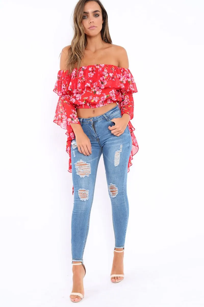 Red Floral Bardot Crop Top with Extreme Frill Sleeve - Keisha