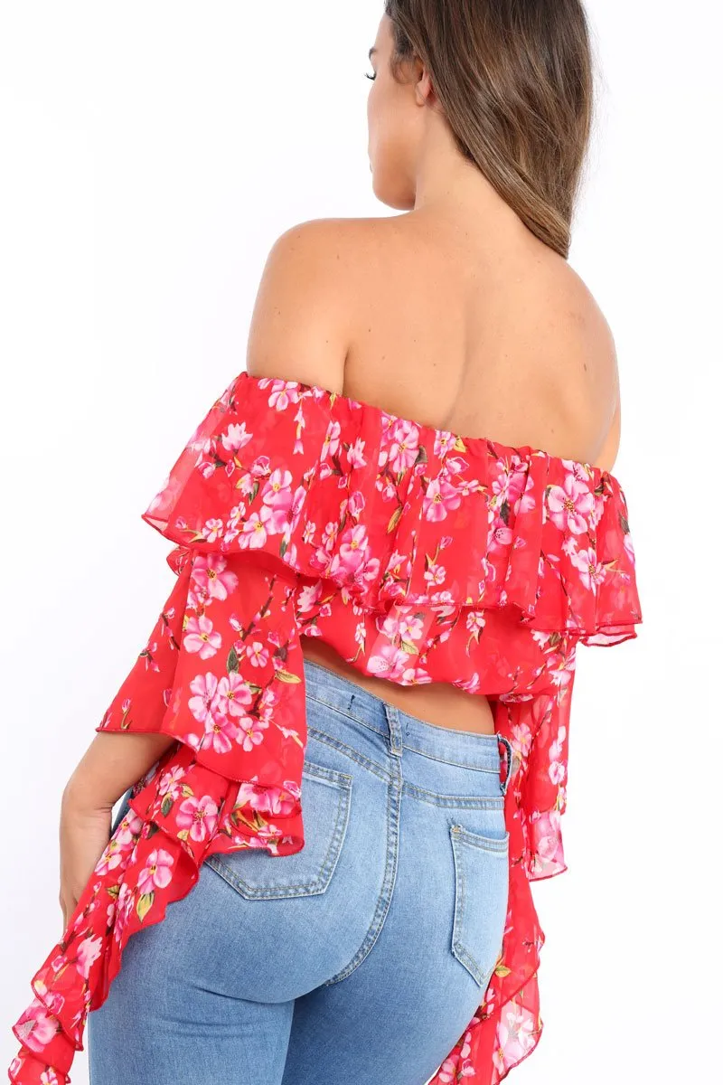 Red Floral Bardot Crop Top with Extreme Frill Sleeve - Keisha