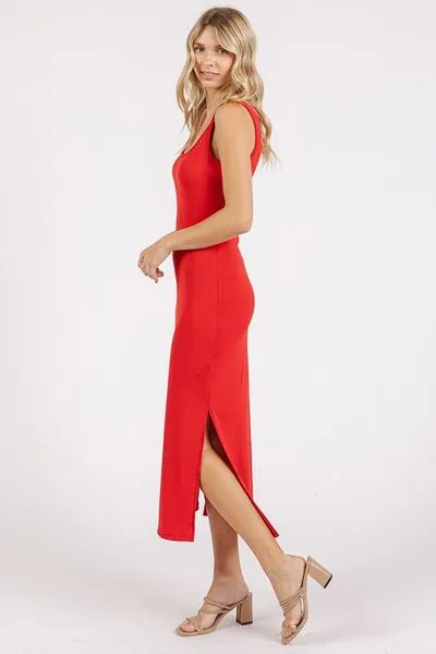 Red Side Slit Wide Strap Midi Tank Dress