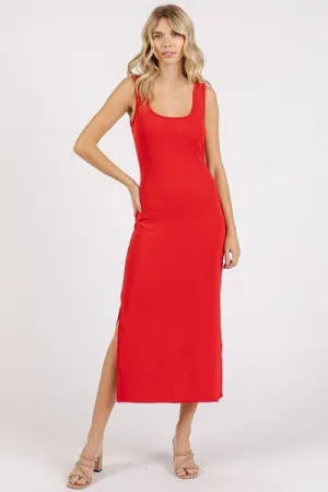 Red Side Slit Wide Strap Midi Tank Dress