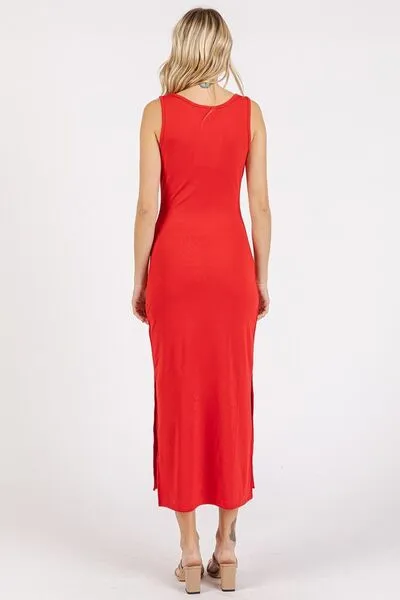 Red Side Slit Wide Strap Midi Tank Dress