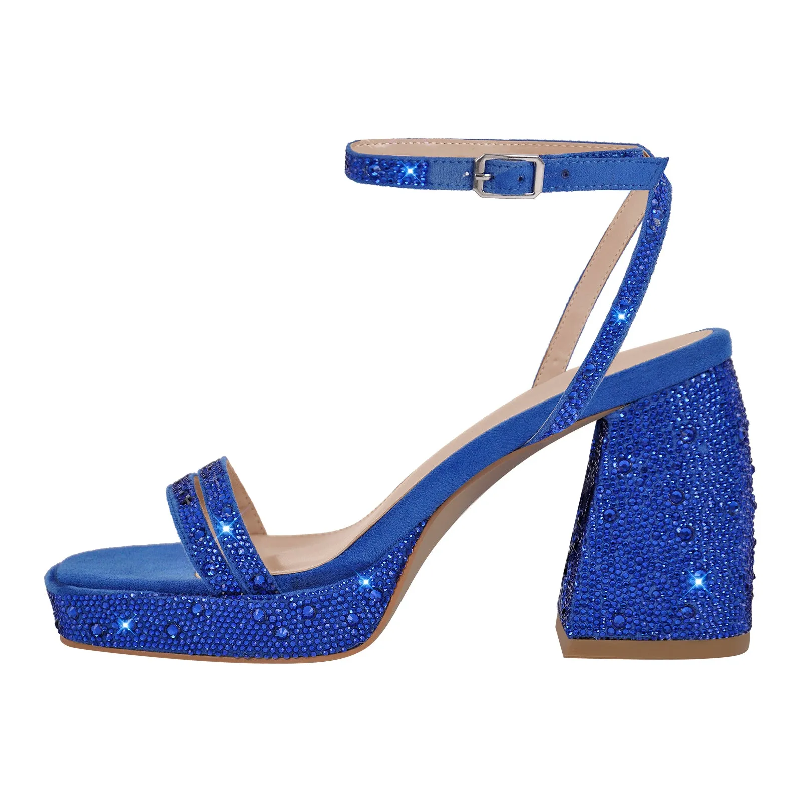 Rhinestone Square Toe Ankle Strap Chunky Heel Sandals