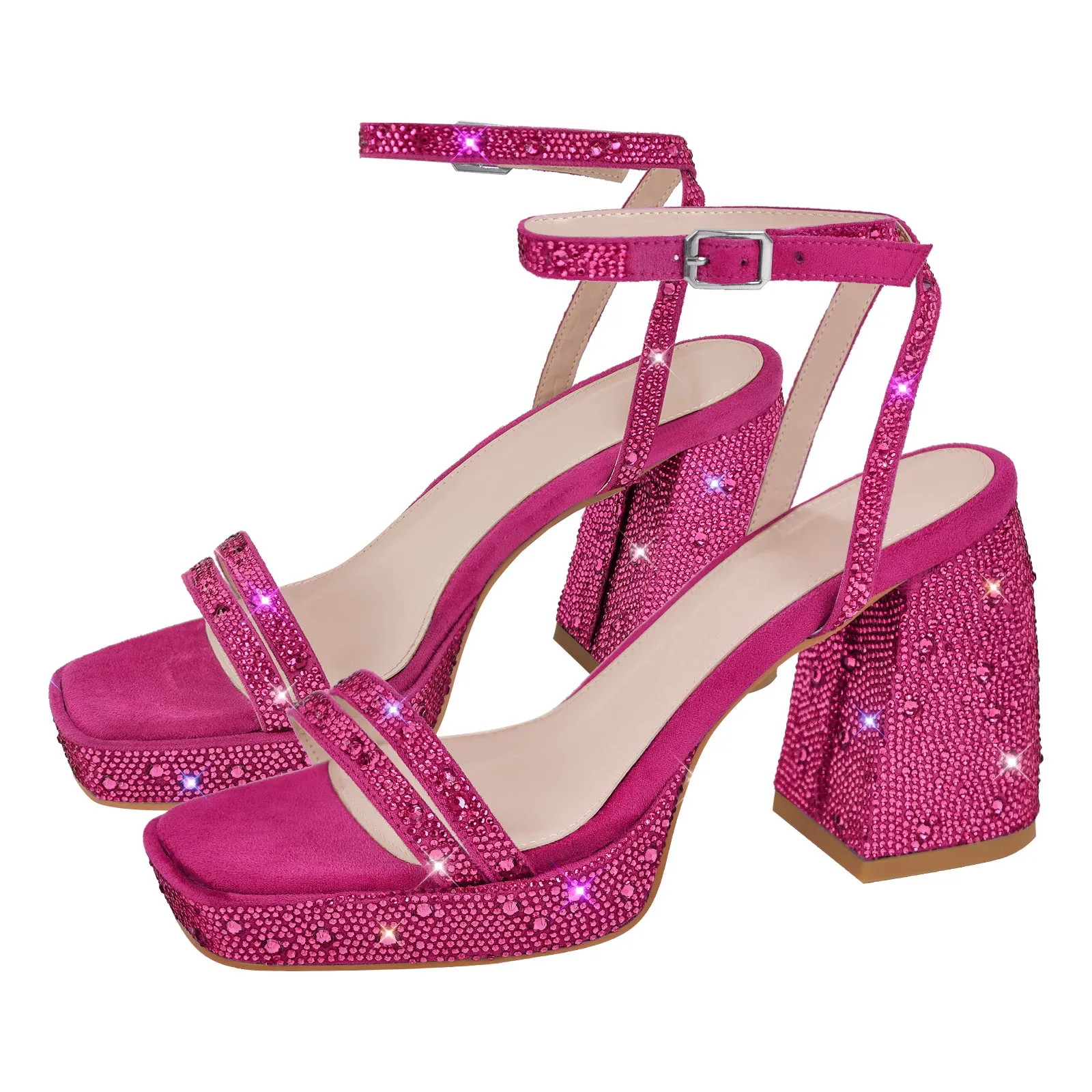 Rhinestone Square Toe Ankle Strap Chunky Heel Sandals