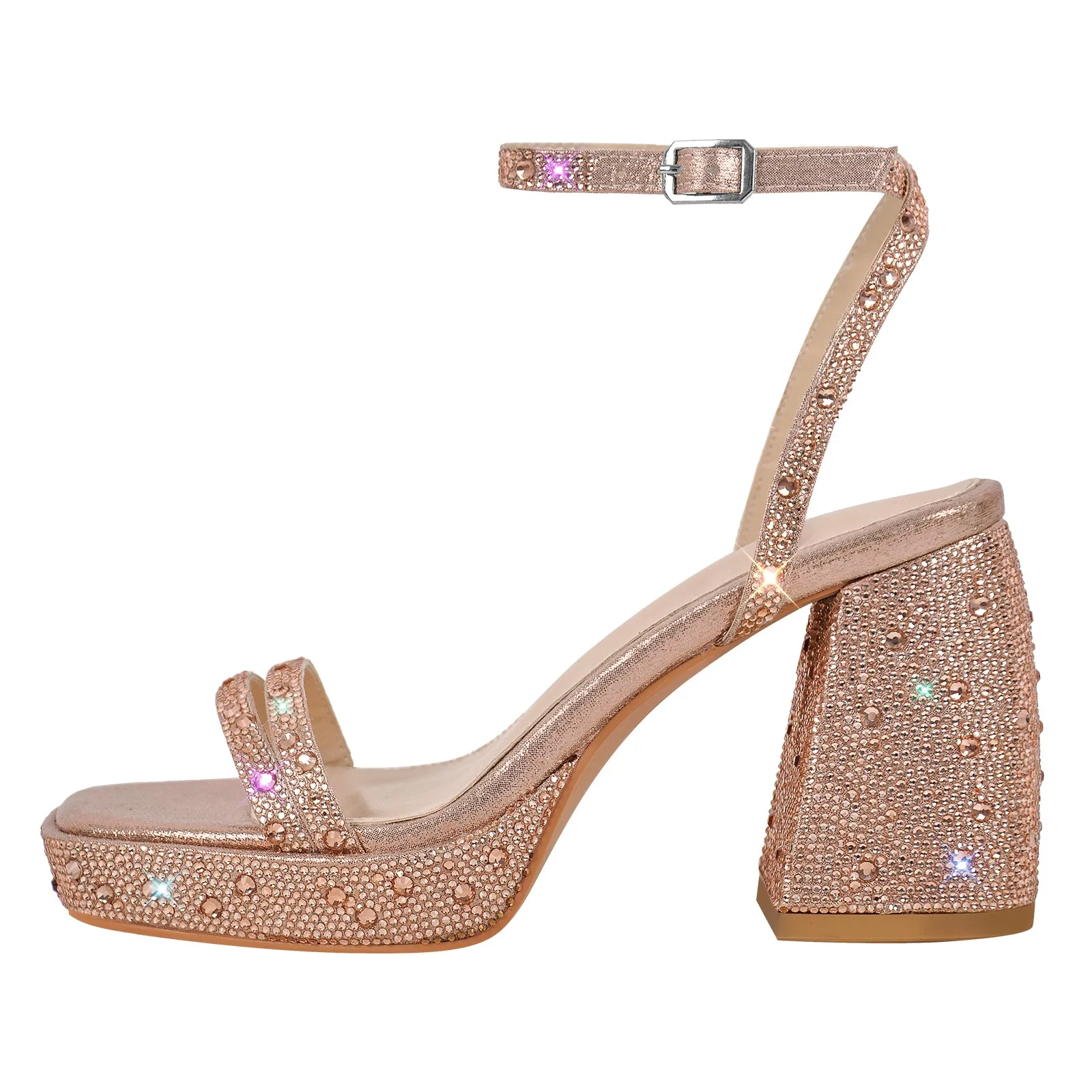Rhinestone Square Toe Ankle Strap Chunky Heel Sandals