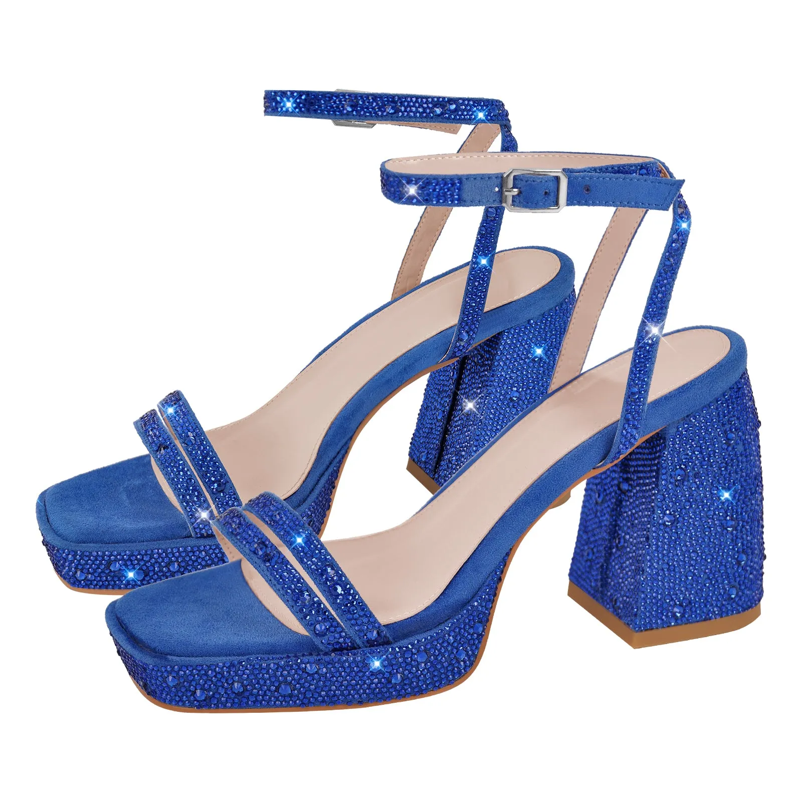 Rhinestone Square Toe Ankle Strap Chunky Heel Sandals
